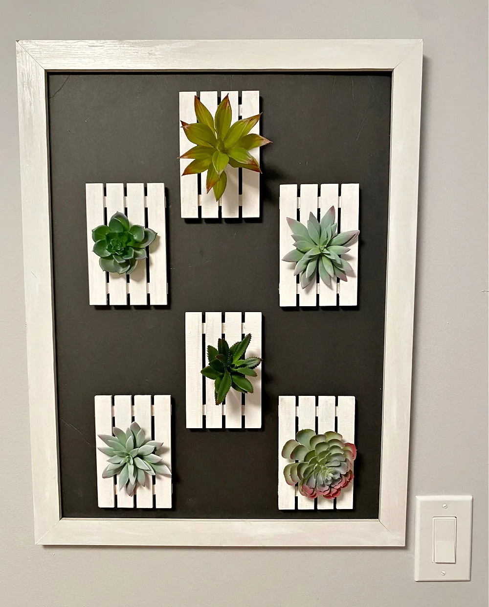 diy plant wall using dollar tree frame and mini pallets.