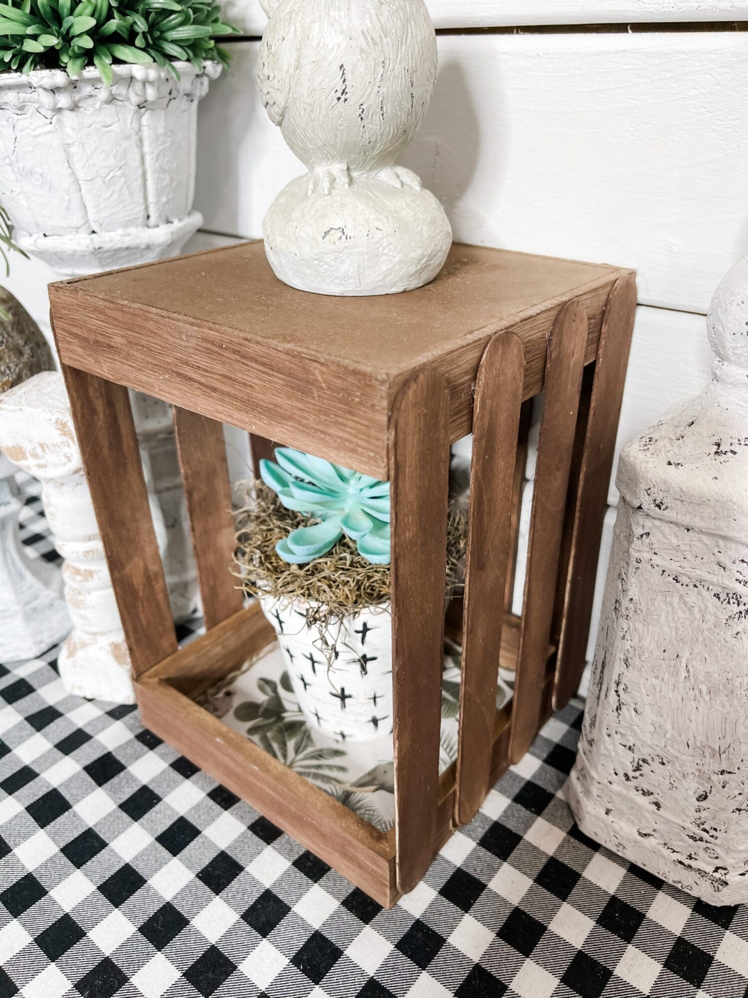 DIY dollar tree crate craft turning a box and sticks into a planter box