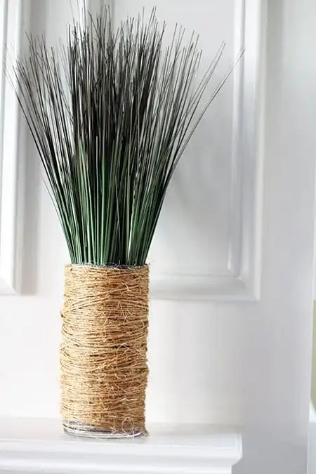 DIY dollar tree project with a vase wrapped in twine.